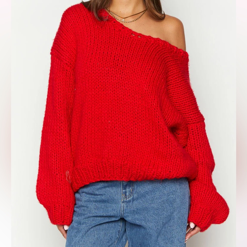 beginning boutique red chunky oversized sweater